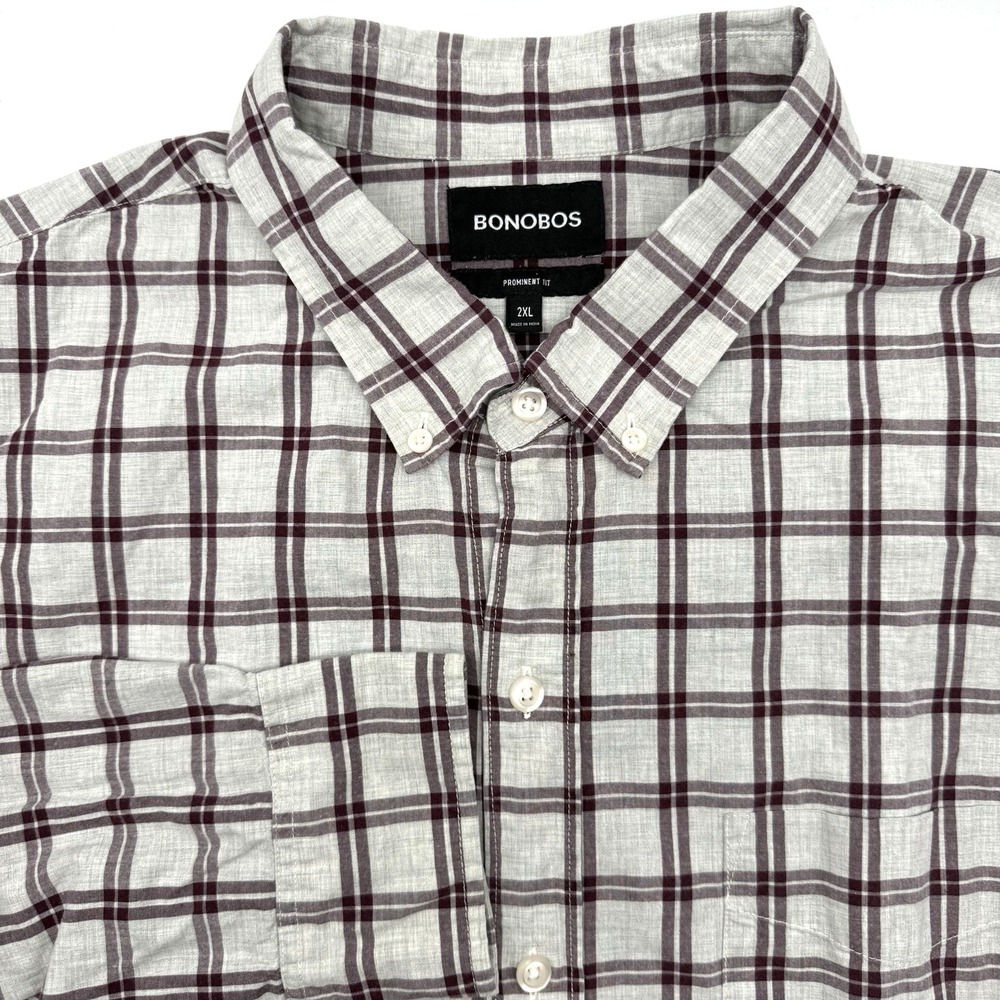 Bonobos Button Down Shirt Men 2XL Grey Burgundy Plaid Prominent Fit Cotton